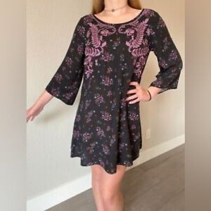 Embroidered Boho Hippie Dress Black Floral Tunic Dress Cottagecore Fairy Size L